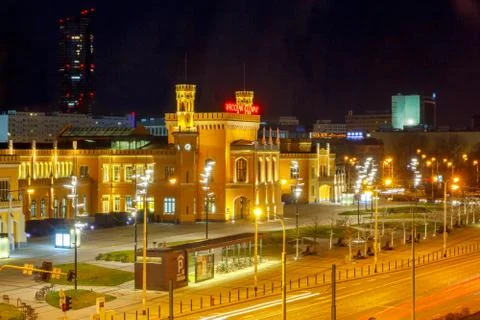 Wroclaw. Railway station at night. Stock Photos