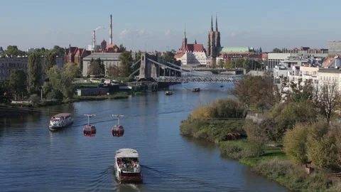 Wroclaw at summer time view of Oder River with transportation Stock Footage 270418217