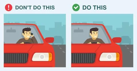 Wrong and correct behavior. Do not use mobile phone while driving a car. Stock Illustration