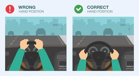 Wrong and correct hand position to hold steering wheel. Stock Illustration