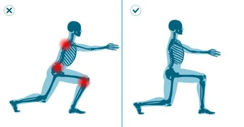Wrong and correct lunges exercise. Right execution technique of sport gymnastics Stock Illustration