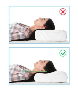 Wrong and correct sleeping posture. Choose right pillow and mattress Stock Photos