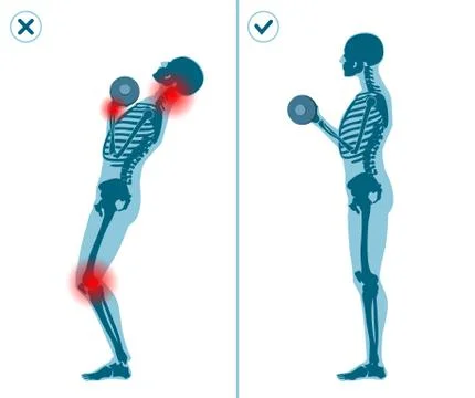 Wrong and correct standing barbell press start position. Right execution Stock Illustration