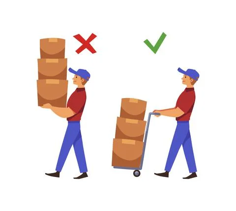 Wrong and right way of carrying weights and loads, vector illustration isolated. Stock Illustration
