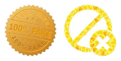 Wrong Cancel Icon Collage of Golden Elements and Metal 100 percent Fake Stamp Stock Illustration