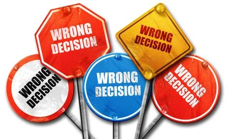Wrong decision, 3D rendering, rough street sign collection Illustrazione stock