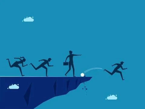 Wrong decision. manager ordered the employee to jump off the cliff Illustrazione stock