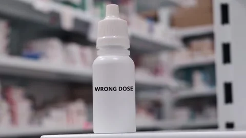 WRONG DOSE safe dosing and instillation of ophthalmic drops on a shelve in a 스톡 동영상 347649069