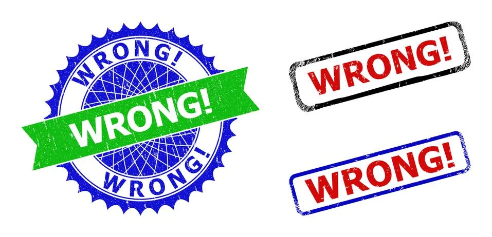 WRONG Exclamation. Rosette and Rectangle Bicolor Stamps with Scratched Textures Stock Illustration