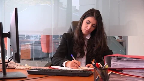 Wrong office posture sitting accountant work woman manager neck pain stretching Stock Footage 82152959