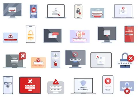 Wrong password icons set cartoon vector. Key lock Ilustración de archivo