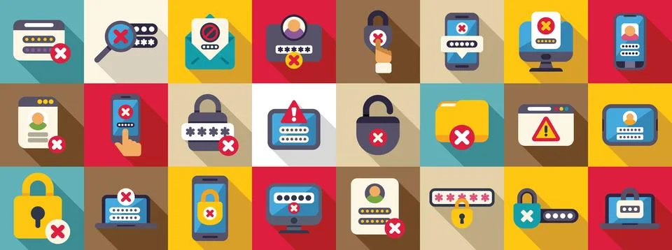 Wrong password icons set flat vector. Lock key forget Stock Illustration