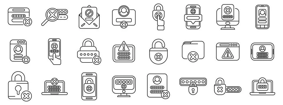 Wrong password icons set outline vector. Lock key forget Stock Illustration