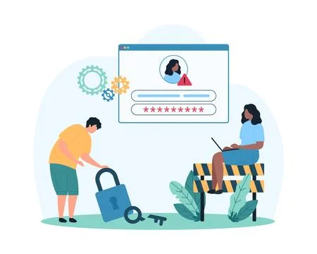 Wrong password, no access to account, cybersecurity, tiny people and 스톡 일러스트