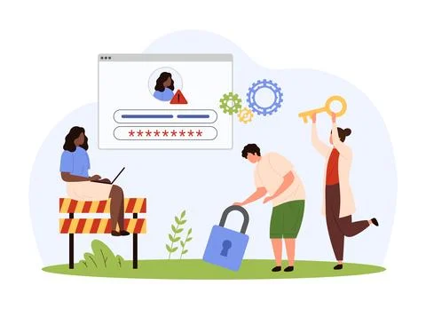 Wrong password, notification of security protection system, tiny people holding Stock Illustration