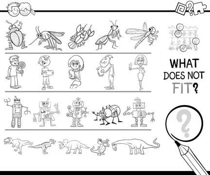 Wrong picture in row game coloring page Black and White Cartoon Illustrati... Stock Photos