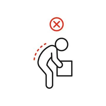 Wrong posture of spine for lift box, ergonomic work of person, line icon. For イラスト素材