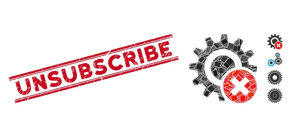 Wrong Settings Gear Mosaic and Scratched Unsubscribe Watermark with Lines Stock Illustration