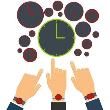 Wrong time on red clock and watches. Right time on green clock. Stock Illustration