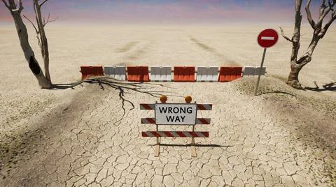 Wrong Way sign in a desert road, 3D illustration. Stock Illustration