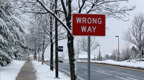 Wrong Way Sign in Winter Traffic Stock Footage 36150210