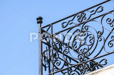 Wrought-iron black balcony corner Stock Photos