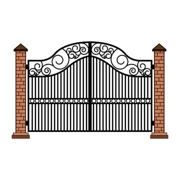 Wrought iron gate with brick pillars protecting entrance Stock Illustration