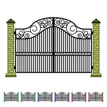 Wrought iron gate with brick pillars protecting entrance Ilustración de archivo