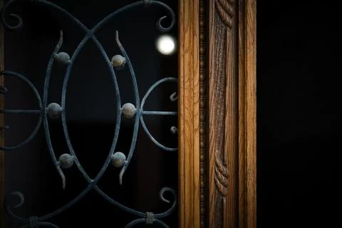 Wrought Iron Grille with Geometric Patterns on Dark Window Background Fotos de archivo