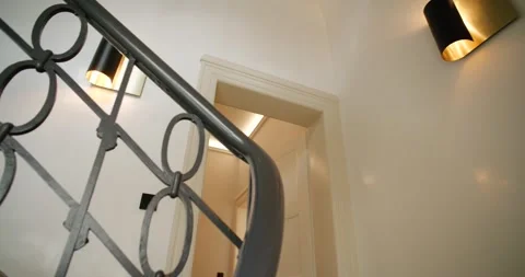 Wrought Iron Stair Railing Passes Warm Glowing Wall Lamps Stock Footage 340225470