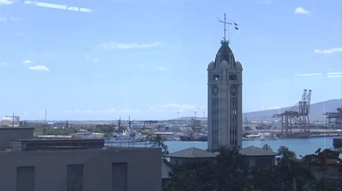 WS, Aloha Tower building, harbor and shipping port in background Stock Footage 8537222