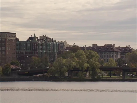 WS of Back Bay residences and Charles River Stock Footage 86750347