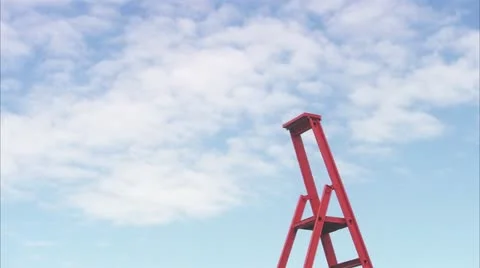 WS Businesswoman climbing up ladder and talking through megaphone against sky Stock Footage