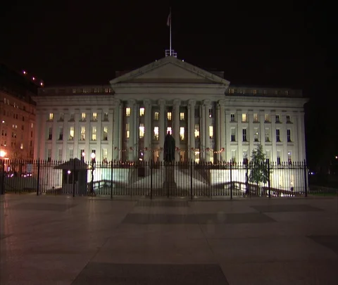 WS front of Treasury Building with holiday lights and garland at night. Stock Footage 86749991