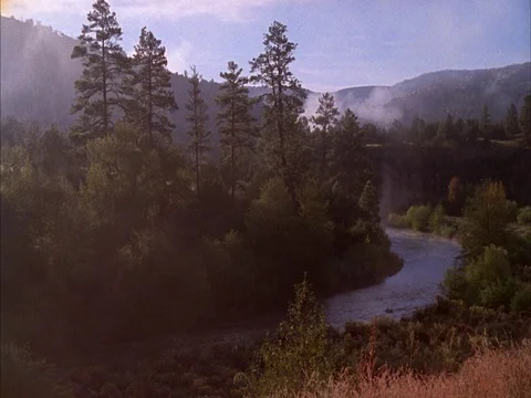 WS of Gila River in valley surrounded by trees and mist Stock Footage 86751128