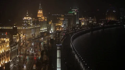 WS HA View of The Bund and Huangpu River at night / Shanghai, China Stock Footage 69947433