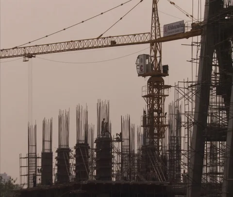 WS of large construction site and crane. Stock Footage 86741563