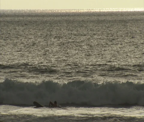 WS man walks into surf with surfboard, tilt down to boy playing in wet sand. Stock Footage 86747046