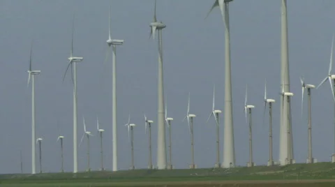 WS PAN OF ROWS OF WIND TURBINES Stock Footage 542648