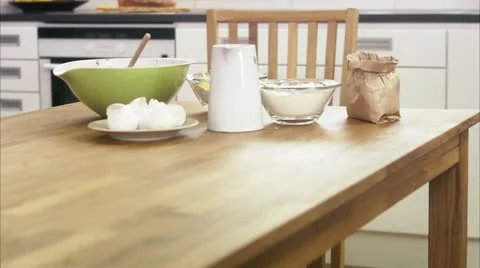 WS TU Baking ingredients on kitchen table Video stock 11342407