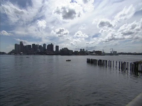 WS View of Boston Harbor and skyline on overcast day Stock Footage 86750328
