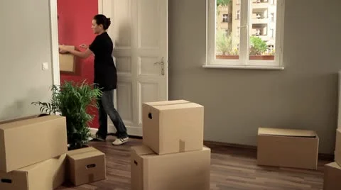 WS, ZO of a couple moving out when the bottom of a box breaks open Stock Footage