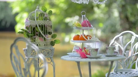 WTable with crockery cups plates decorative edding entourage Stock Footage 222297169