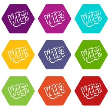 WTF, comic book bubble text icon set color hexahedron Stock Illustration