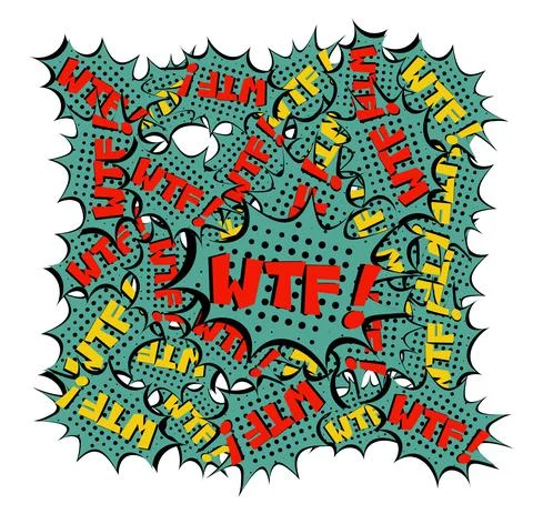 WTF! Comic lettering Vector cartoon illustration in retro pop art style on ha Stock Illustration