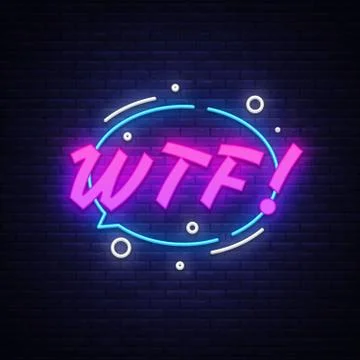 WTF neon text vector design template. Comic speech bubble WTF in neon style 스톡 일러스트
