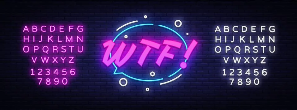 WTF neon text vector design template. Comic speech bubble WTF in neon style 스톡 일러스트