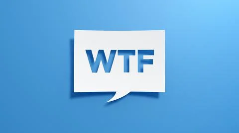 WTF Speech Bubble. White cut out paper on blue background. 3D Render. Illustrazione stock