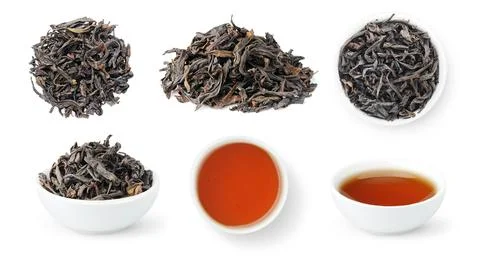 Wu Yi Rou Gui, Cinnamon Oolong, collection of loose leaves and bowls of bre.. Stock Photos