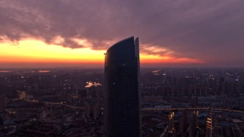 Wuhan Center skyscraper, coronavirus lockdown sunset, 4K aerial Stock Footage 132316381